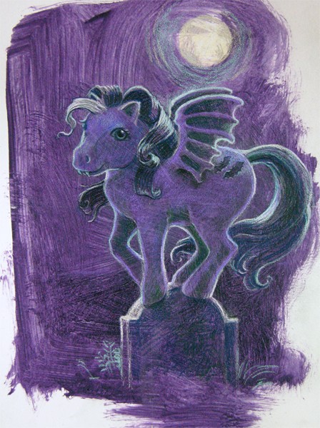 A purple My Little Pony with batlike wings, a white streak in her mane, and a
double bat cutie mark. She is perched on a tombstone, and in the background the...